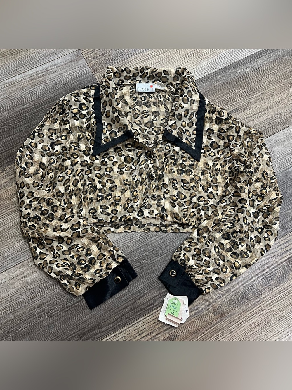 NWT Vintage Scarlett Leopard Sheer Cropped Blouse Womens 10 Shoulder Pads